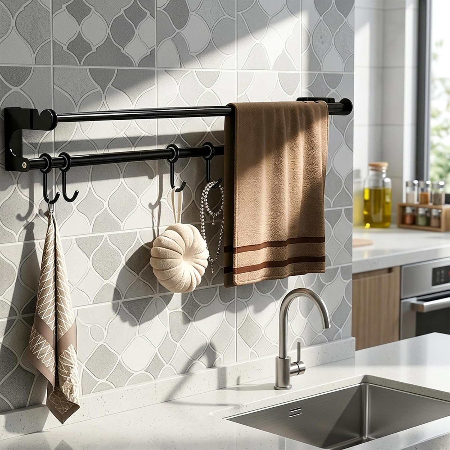 Kitchen Rail 60 cm with 8 Hooks, Black Kitchen Rail, Hook Rack for Kitchen Utensils, Wall Holder, with Enclosed Assembly Instructions - Image 3