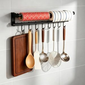 Kitchen Rail 60 cm with 8 Hooks, Black Kitchen Rail, Hook Rack for Kitchen Utensils, Wall Holder, with Enclosed Assembly Instructions - Image 1