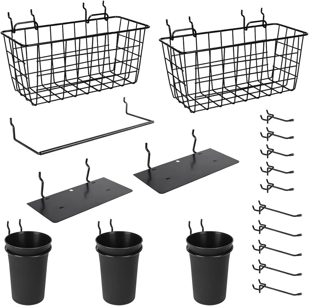 Peg Board Organizer Accessories, 18 Pack Pegboard Hooks Assortment Set Peg Baskets Cups Hook Accessory, Various Tools Storage Arrange System Kit for Garage Workshop Workbench Hobby Craft Office