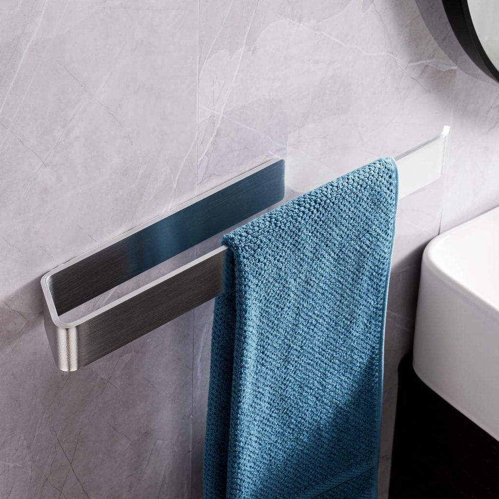 40cm Open-Ended Self-Adhesive Towel Holder, No Drill Wall Mounted Towel Hanger with Extra Strong Hold, Horizontal or Vertical Mounting, Sliver Aluminum Towel Rail for Bathroom and Kitchen