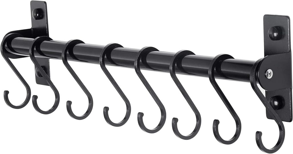 Rack - Pots and Pans Hanging Rack Rail with 8 Hooks, Pot Hangers for Kitchen, Wall Mounted, Black
