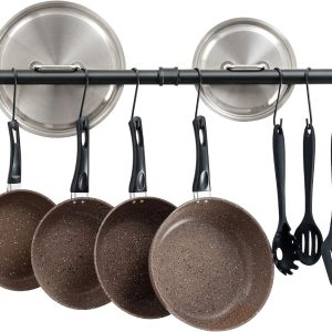 38 inch Pot Bar Rack Wall Mounted Detachable Pans Hanging Rail Kitchen Lids Utensils Hanger with 14 S Hooks Black - Image 1