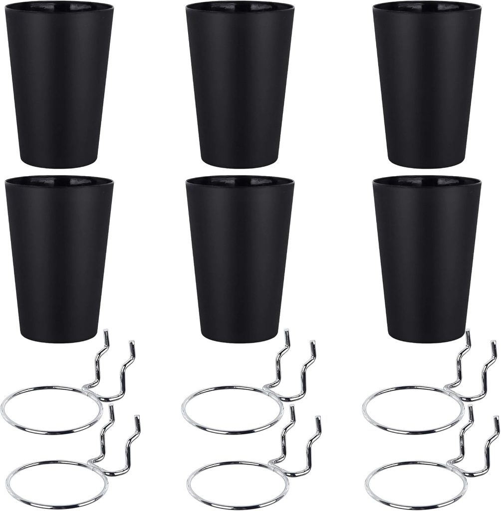 Pegboard Hooks and Cups Set for Wall Storage Organization, 6 Ring Style Pegboard Accessories with Black ABS Bins, Stainless Steel Hooks for Garage