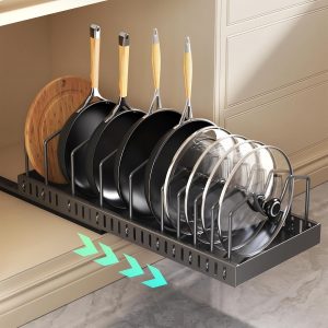 Pots and Pans Organizer, Cast Iron Pull Out Cabinet Organizer Cookware Lid Organizer Rack Kitchen Drawer Organiser with 10 Adjustable Dividers inside Cabinet for Pots (Black, 42CM, 1) - Image 2