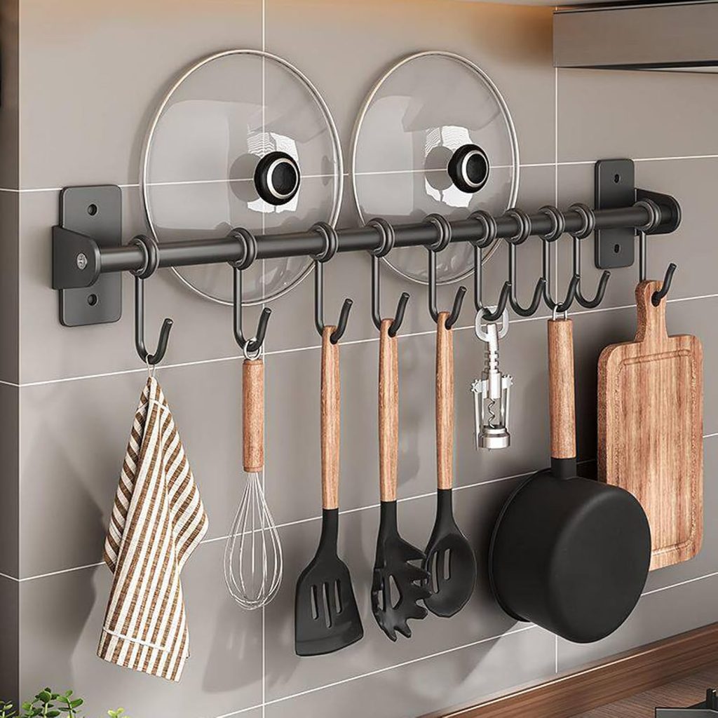 Rack, 40cm Utensil Holder Hanger Wall Mounted Kitchen Rail Pan Hanger with 10 Removable S Hooks for Mug Cup Small Items Cooking Pan Pot Bathroom