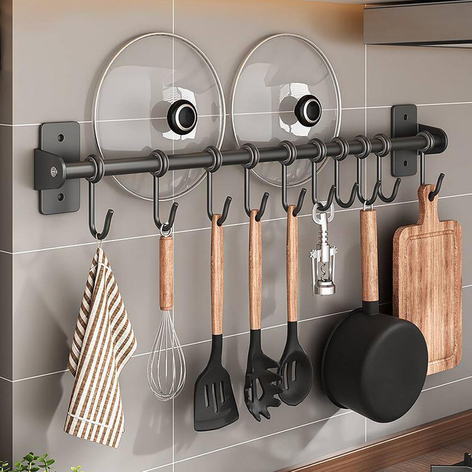 Rack, 40cm Utensil Holder Hanger Wall Mounted Kitchen Rail Pan Hanger with 10 Removable S Hooks for Mug Cup Small Items Cooking Pan Pot Bathroom - Image 2