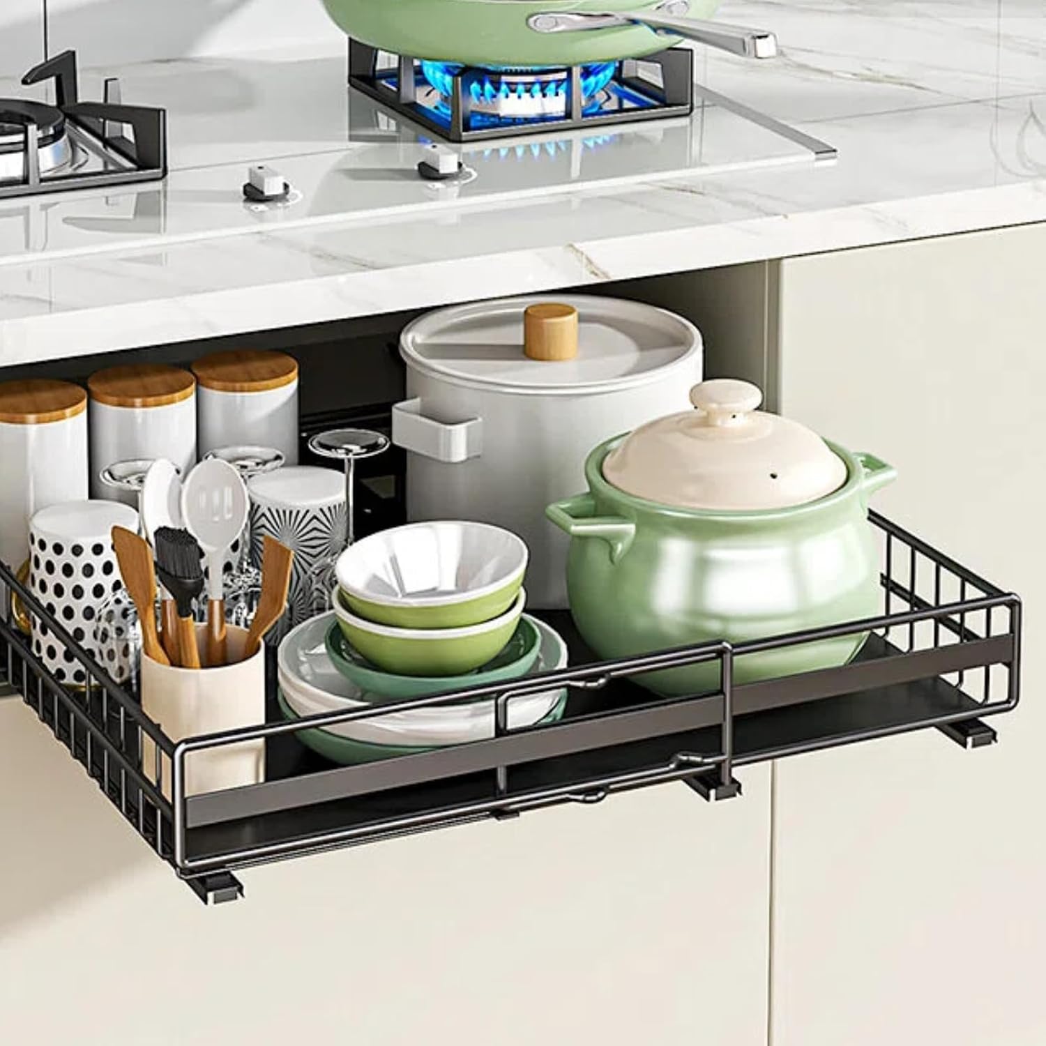 Expandable Pull-Out Cabinet Organizer | Adjustable Width, No-Drill & Drill Mounting | Iron Kitchen Storage Rack with Silent Sliding Rails - Image 1