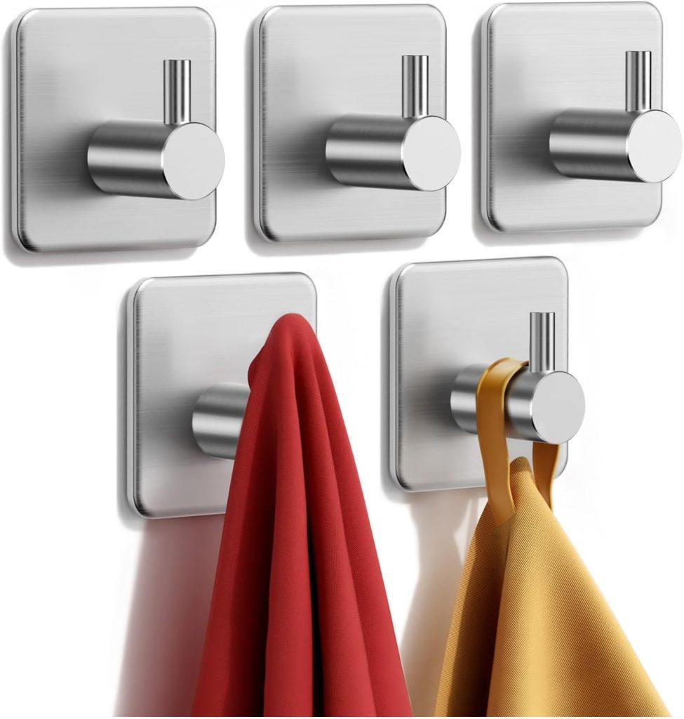 5 Pack Self Adhesive Hooks, Max 10kg Heavy Duty Sticky Hooks, Stainless Stick on Towel Hook, Nail Free Adhesive Hook for Kitchen, Bathroom, Cupboards, Office, Doors, Walls, Coats, Keys