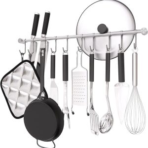 Kitchen Hanging Spoon Racks, 20 inch Wall Mounted Hanger with 10 Pcs Noiseless Sliding Hooks, Cooking Rail Bar Rack Organizer, 304 Stainless - Image 1