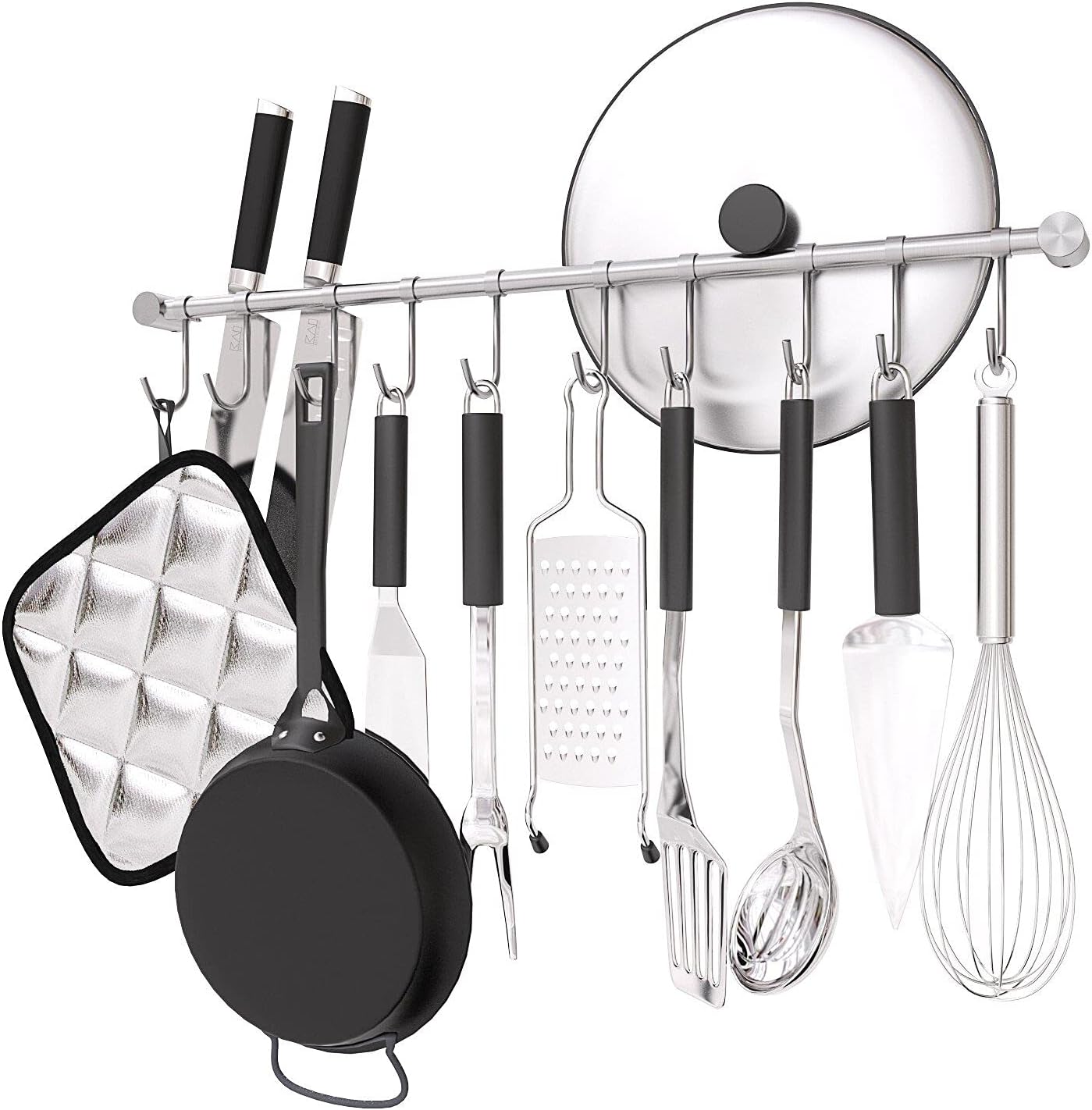 Kitchen Hanging Spoon Racks, 20 inch Wall Mounted Hanger with 10 Pcs Noiseless Sliding Hooks, Cooking Rail Bar Rack Organizer, 304 Stainless - Image 1