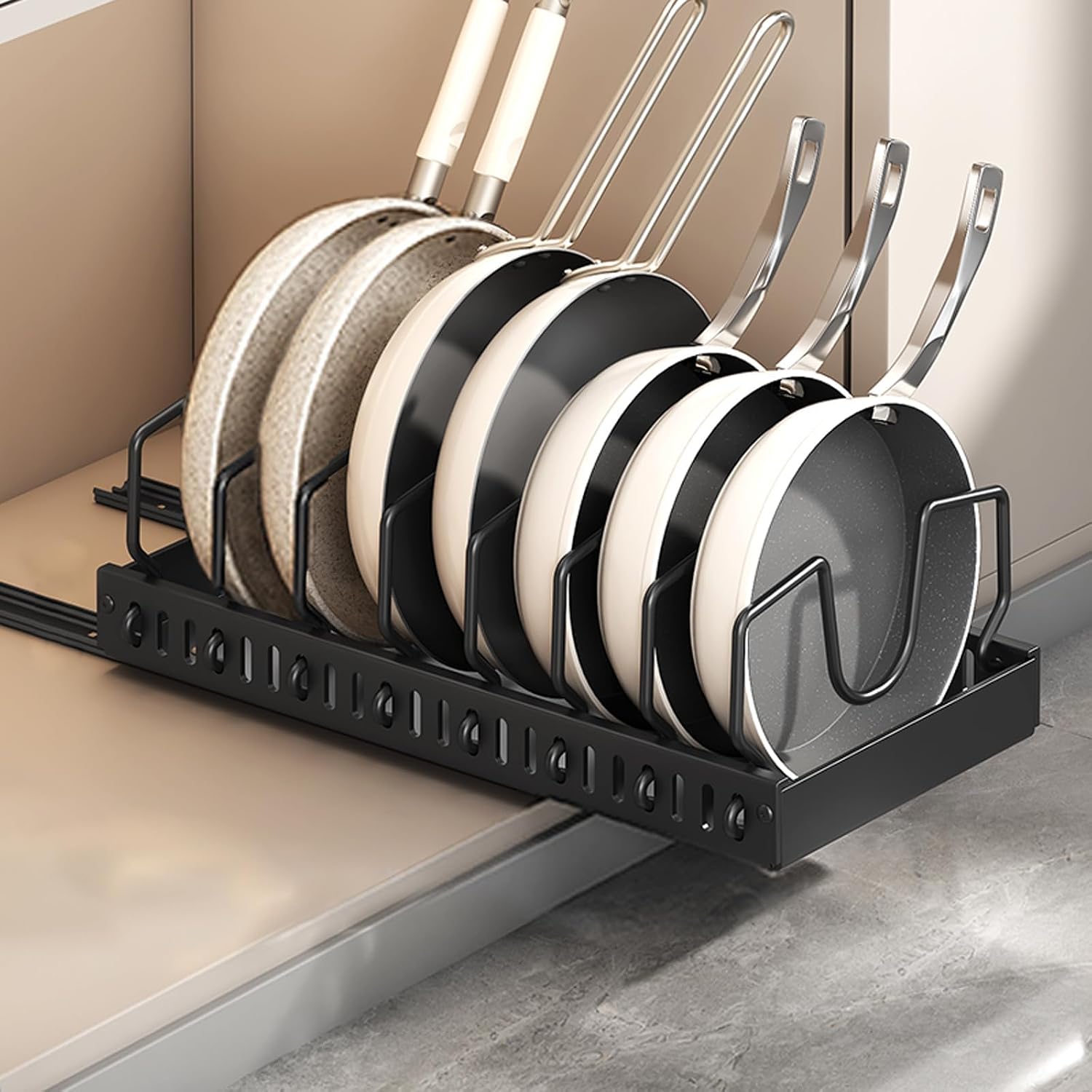 Pots and Pans Organizer, Sliding Pot Lid Holder and Pan Rack in Kitchen, Pull Out Pots and Pans Organizer for Cabinet, for Pot Lid, Bakeware, Dishes - Image 1