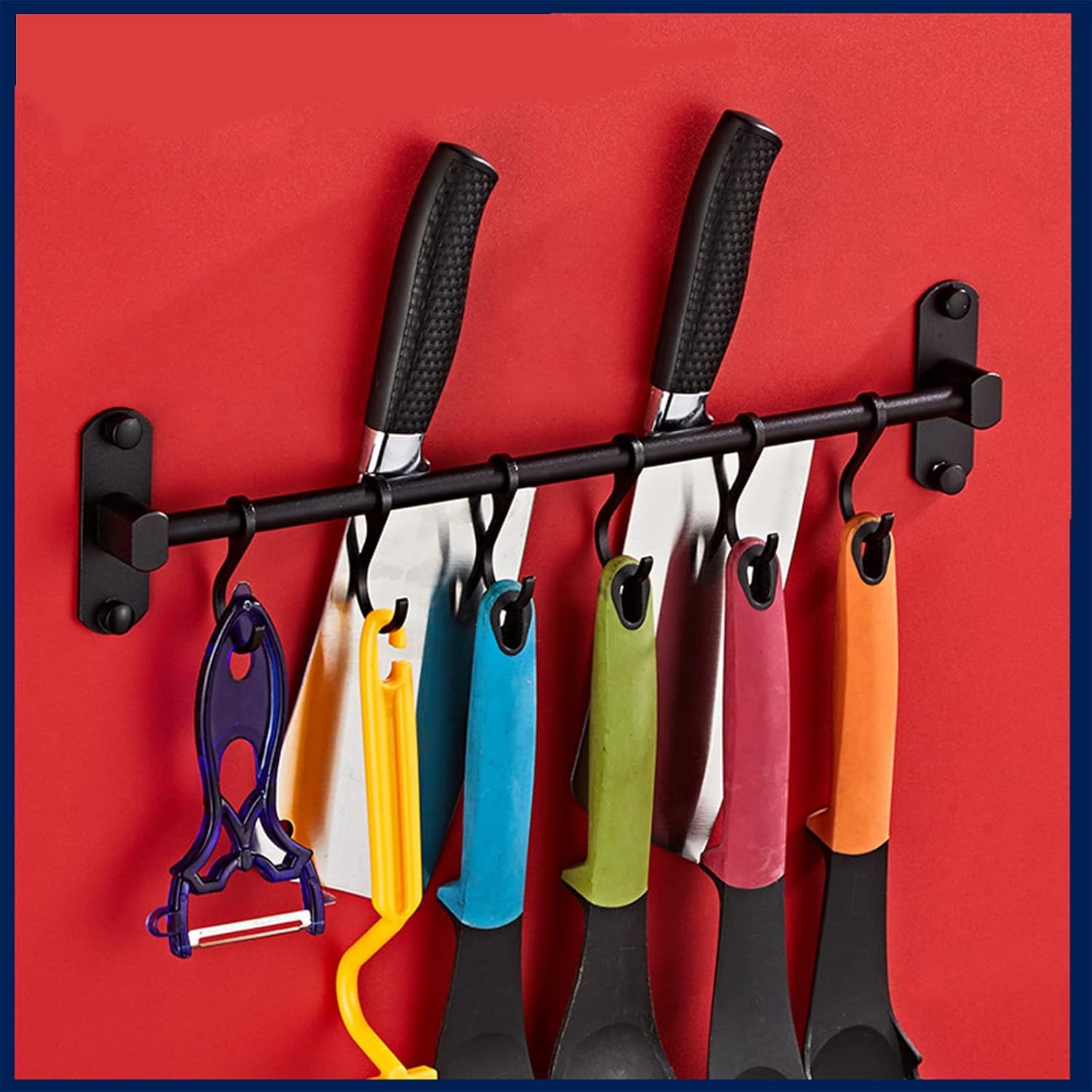 Kitchen Rail with 6 Sliding Hooks, Wall Mount Kitchen Utensil Rack, Pan and Pot Hangers Organization and Storage Holder Set, Aluminum (Black) - Image 2