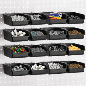 16 Pack Pegboard Bins with Metal Hooks, Black Garage Workbench Bins Cups Peg Board Accessories Kit, Pegboard Tools Organizer for Hardware, Workshop, Craft Room, Tool Shed, Hobby Supplies - Image 1
