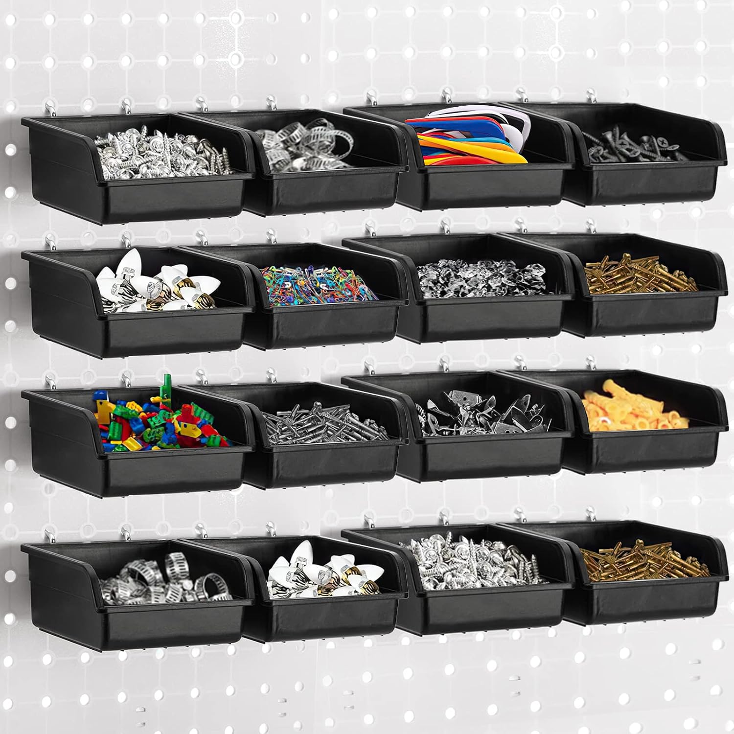16 Pack Pegboard Bins with Metal Hooks, Black Garage Workbench Bins Cups Peg Board Accessories Kit, Pegboard Tools Organizer for Hardware, Workshop, Craft Room, Tool Shed, Hobby Supplies - Image 1