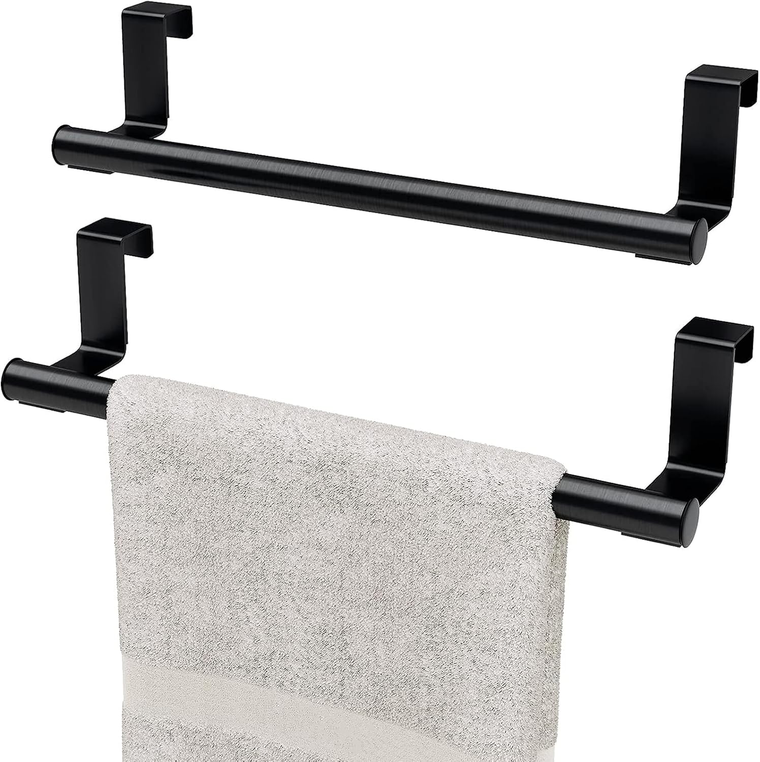 2 Pack Over the Door Towel Rail, Black Kitchen Towel Holder With Protective Pads, Stainless Steel No Drilling, Rustproof for Cabinet Door - Image 1