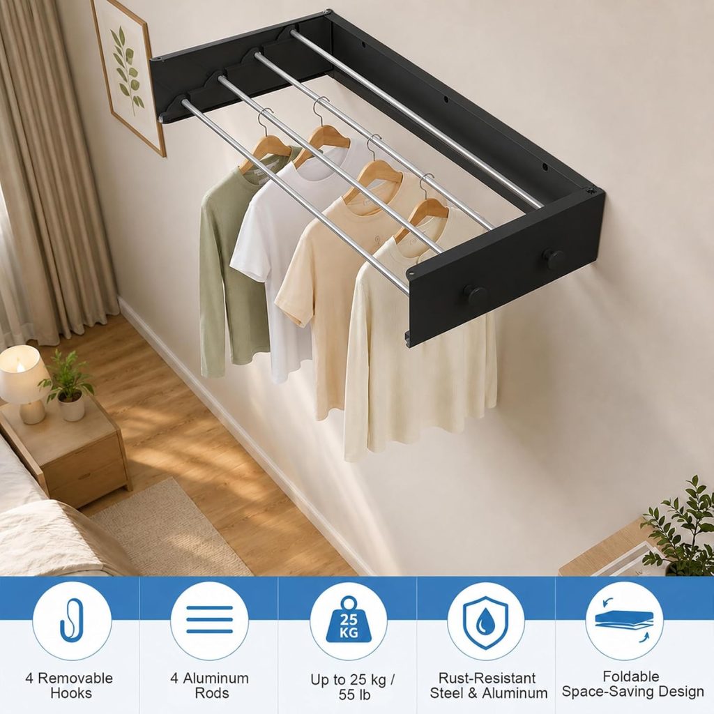 Black Wall-Mounted Foldable Clothes Drying Rack with Hooks