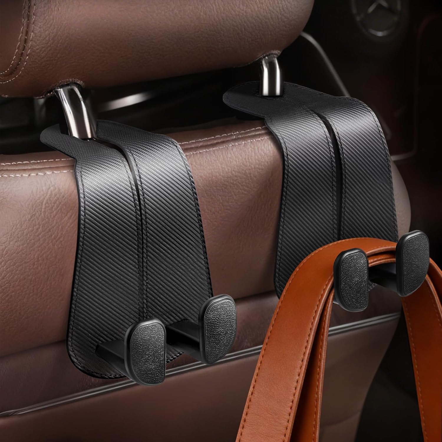 Purse Hook for Car - Universal Premium Stitched Leather and Aluminum-Magnesium Alloy Double Car Seat Back Storage Hook for Purses, Handbags, Bags (2 Pack),Black - Image 5