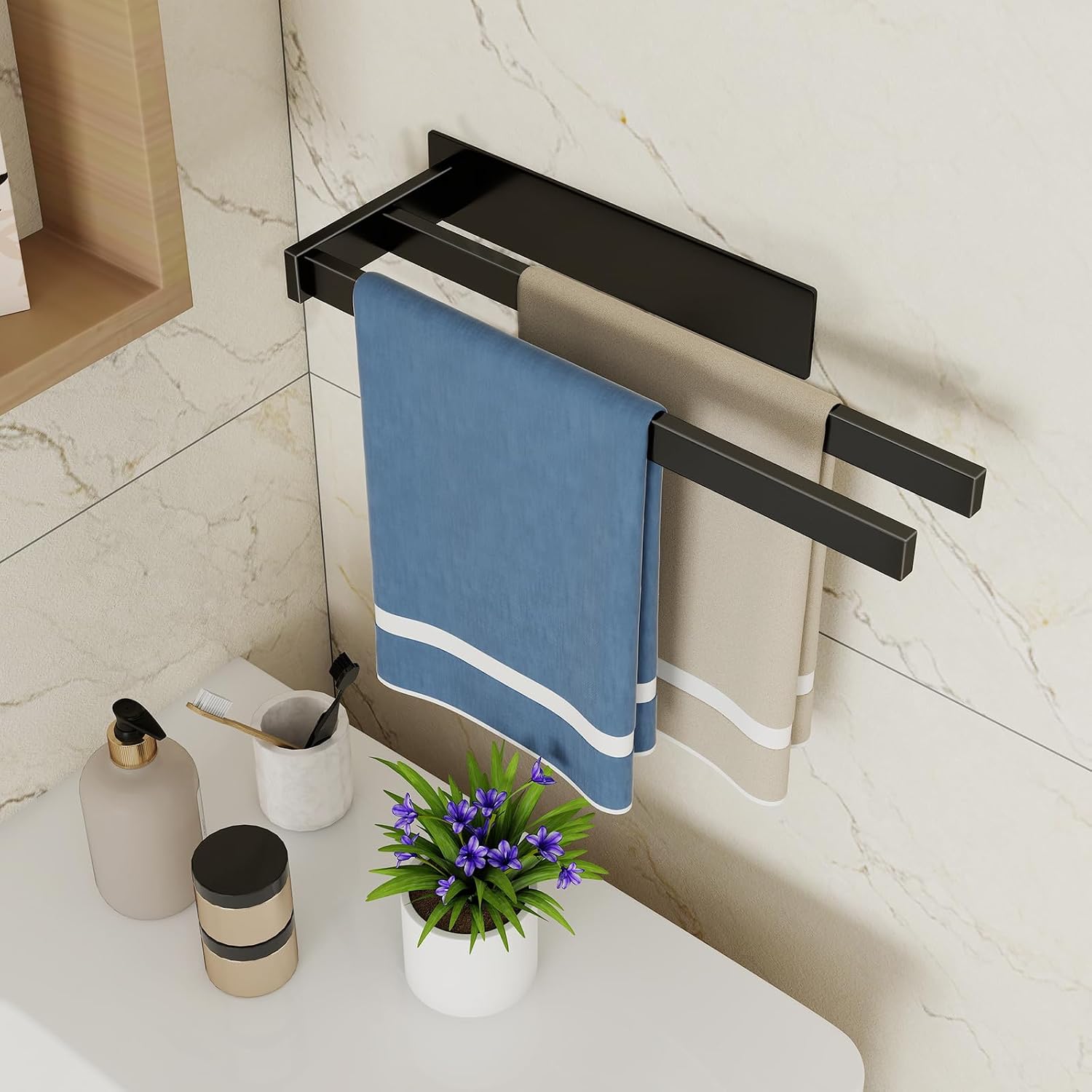 36CM Kitchen Towel Holder Double Bar, No Drilling Rust-Proof, Black - Image 4