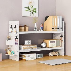 Desktop Organizer Shelf with Pegboard, 2-Tier Tabletop Bookshelf | Multi-Tier Office Desk Organizer with Hooks, White Iron Bookcase for Desk - Image 1