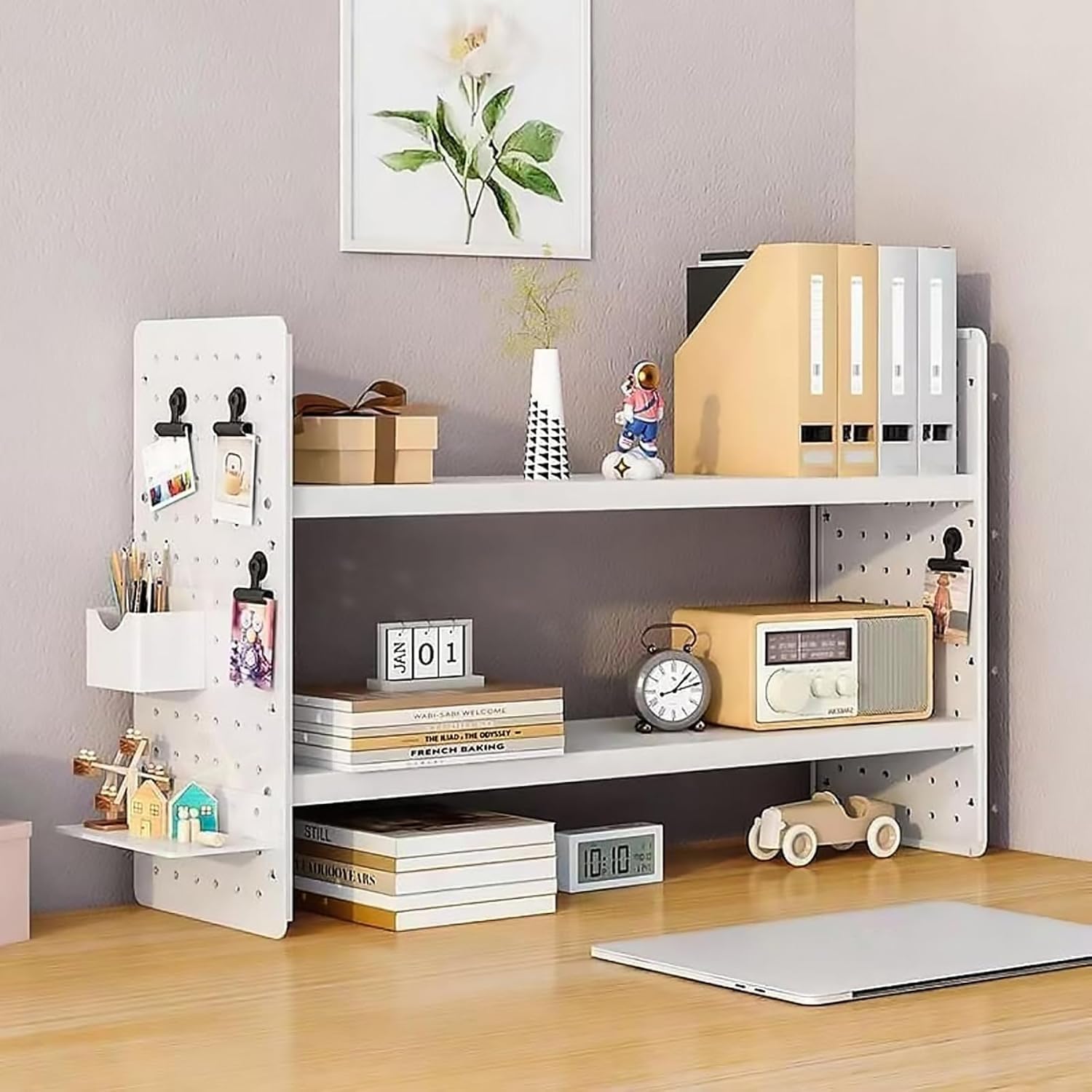 Desktop Organizer Shelf with Pegboard, 2-Tier Tabletop Bookshelf | Multi-Tier Office Desk Organizer with Hooks, White Iron Bookcase for Desk - Image 1