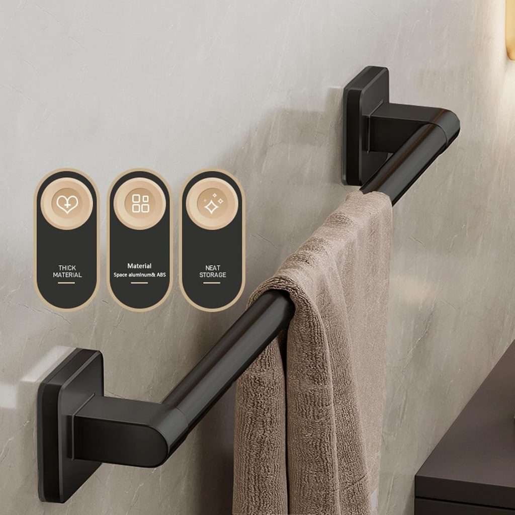 Towel Rail, 40CM Sticky Towel Rail Wall Mounted, Anti Rust Towel Rack, Single Wall Mounted Towel Bars for the Bathroom Kitchen Toilet, Black