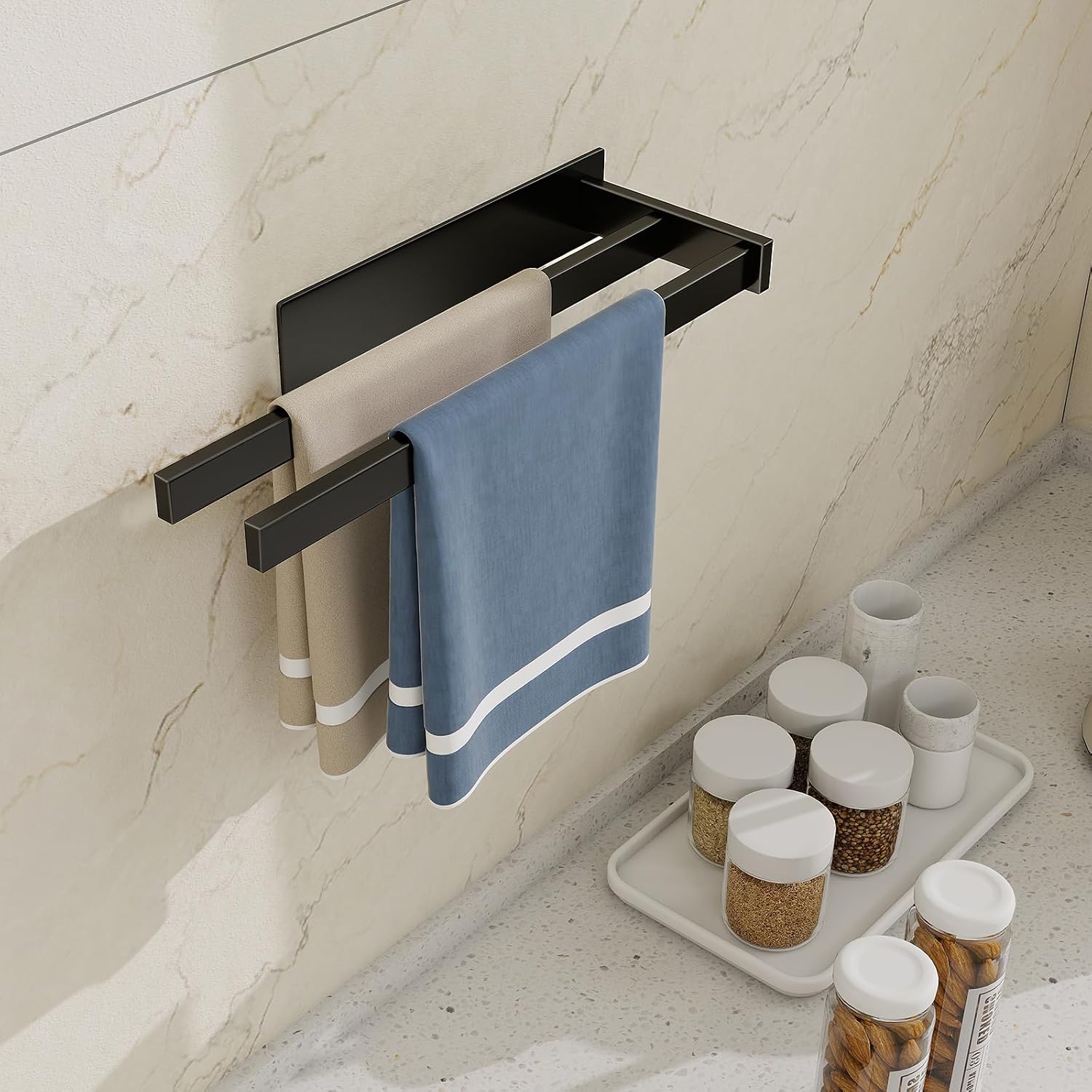 36CM Kitchen Towel Holder Double Bar, No Drilling Rust-Proof, Black - Image 3