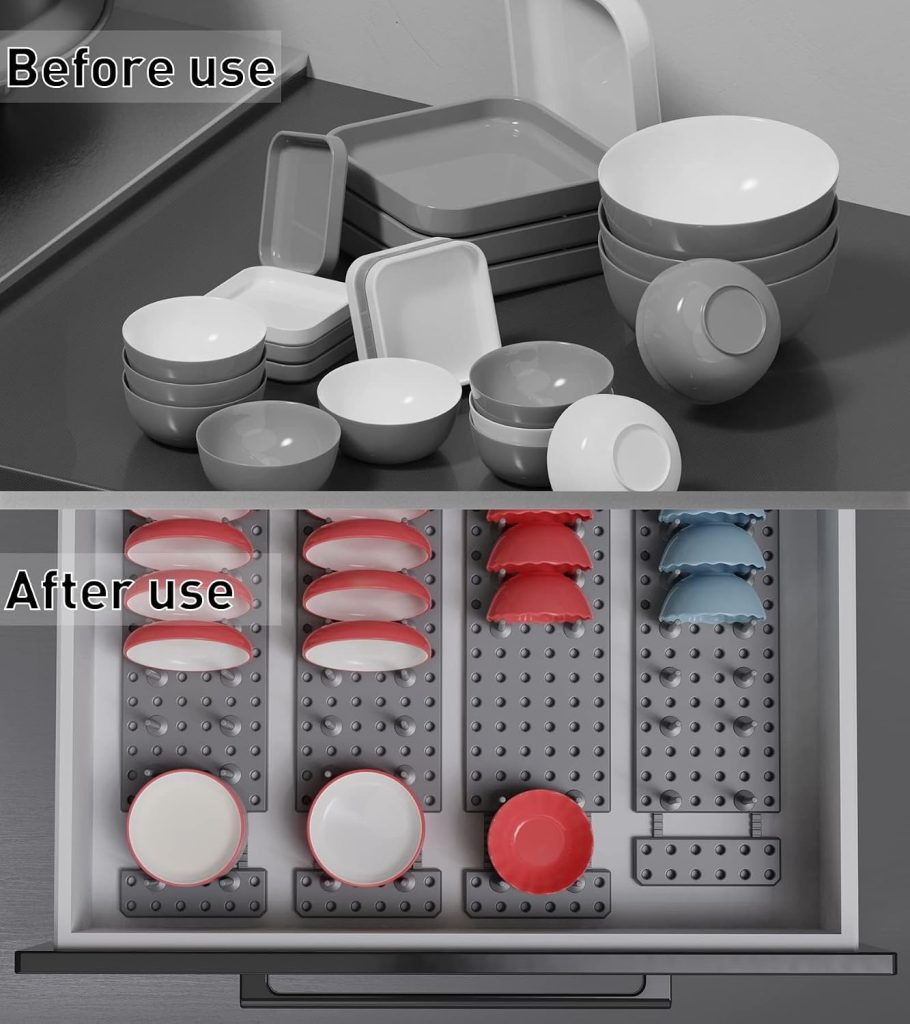 Pegboard Drawer Organizer for Kitchen Cabinet, 2pcs Plate Organizers for Cabinets, Adjustable Cupboard Pegboard Tray, Dish Racks Bowl Drying Racks, Expandable Plate Holders Storage (Grey)