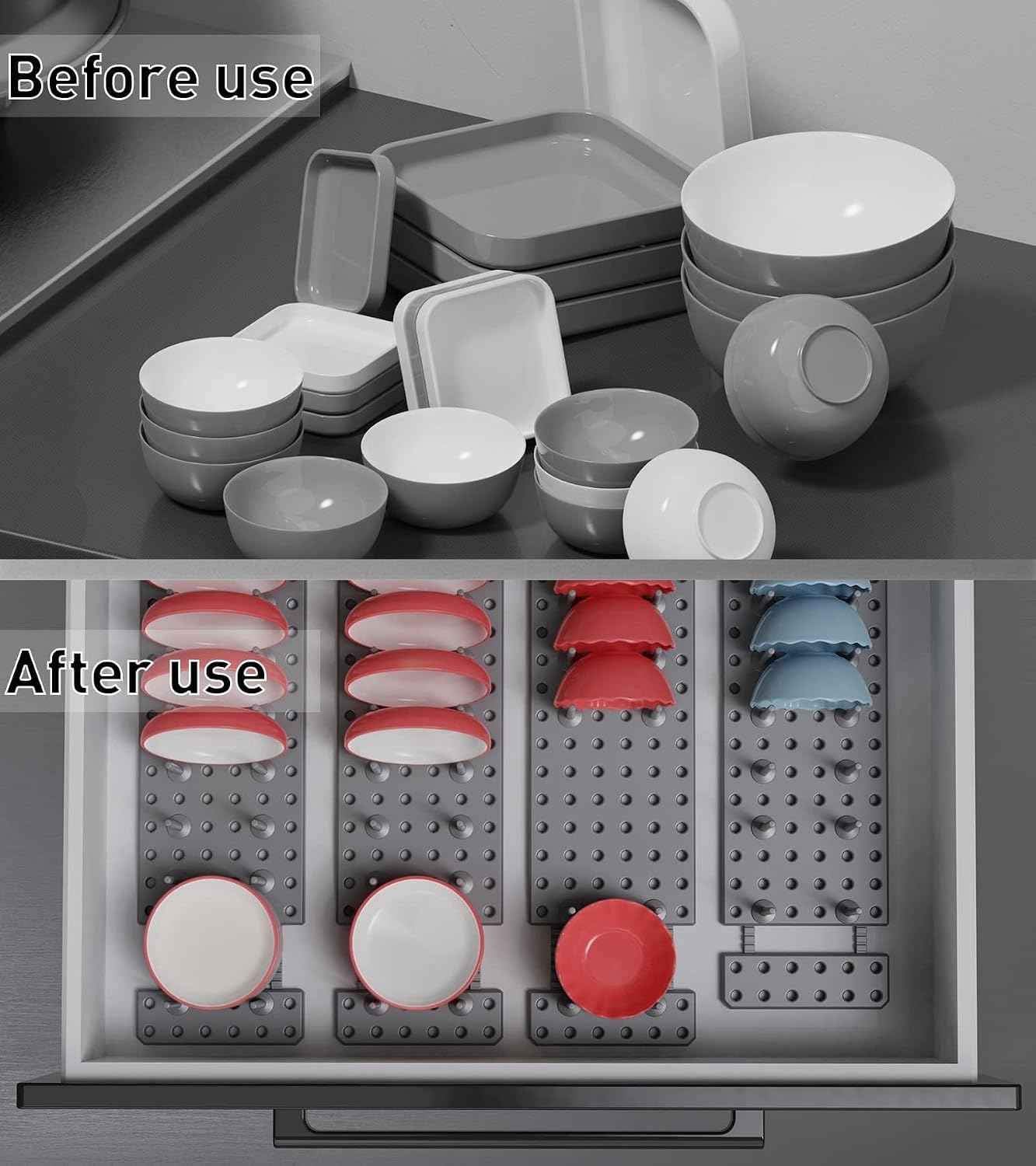Pegboard Drawer Organizer for Kitchen Cabinet, 2pcs Plate Organizers for Cabinets, Adjustable Cupboard Pegboard Tray, Dish Racks Bowl Drying Racks, Expandable Plate Holders Storage (Grey) - Image 2