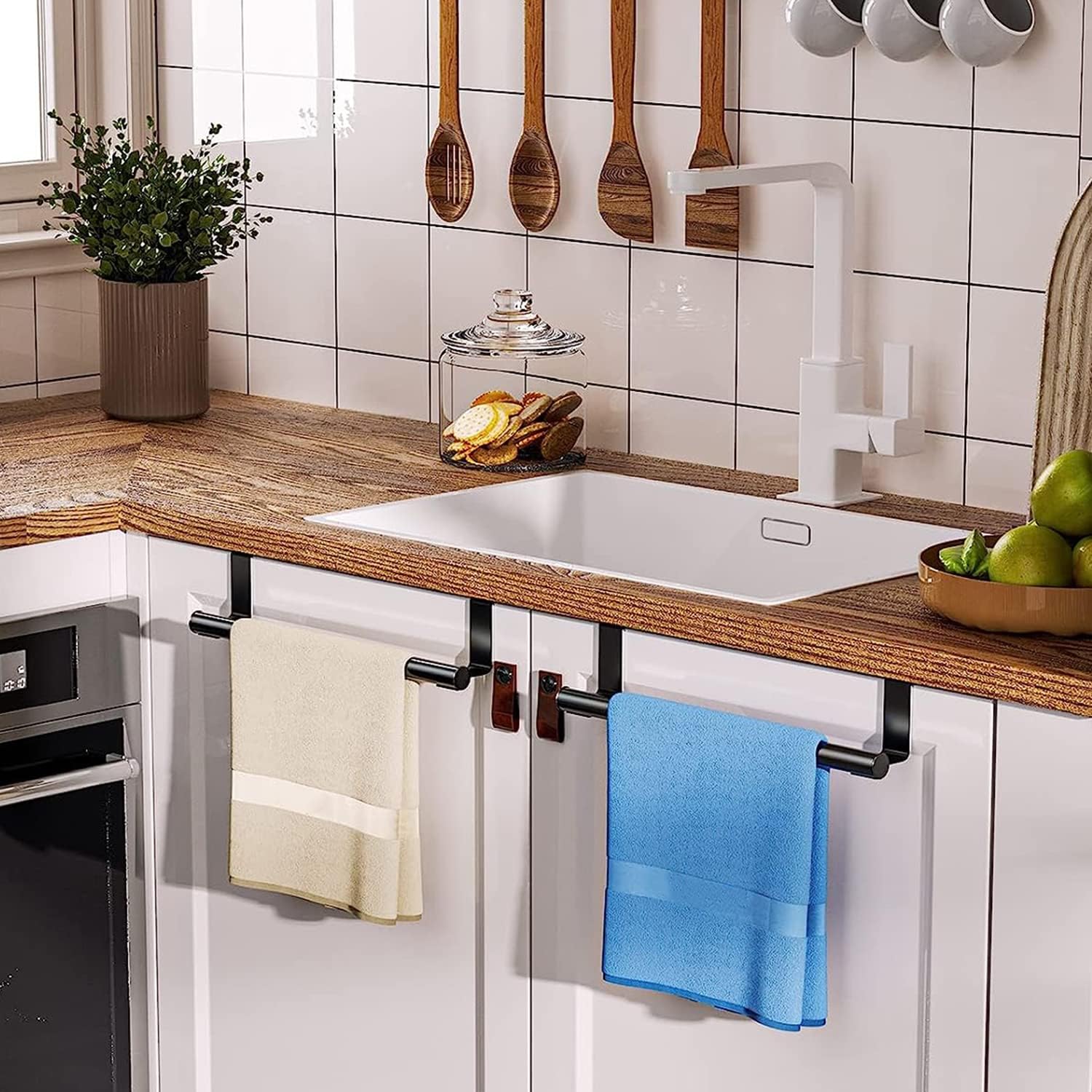 2 Pack Over the Door Towel Rail, Black Kitchen Towel Holder With Protective Pads, Stainless Steel No Drilling, Rustproof for Cabinet Door - Image 3