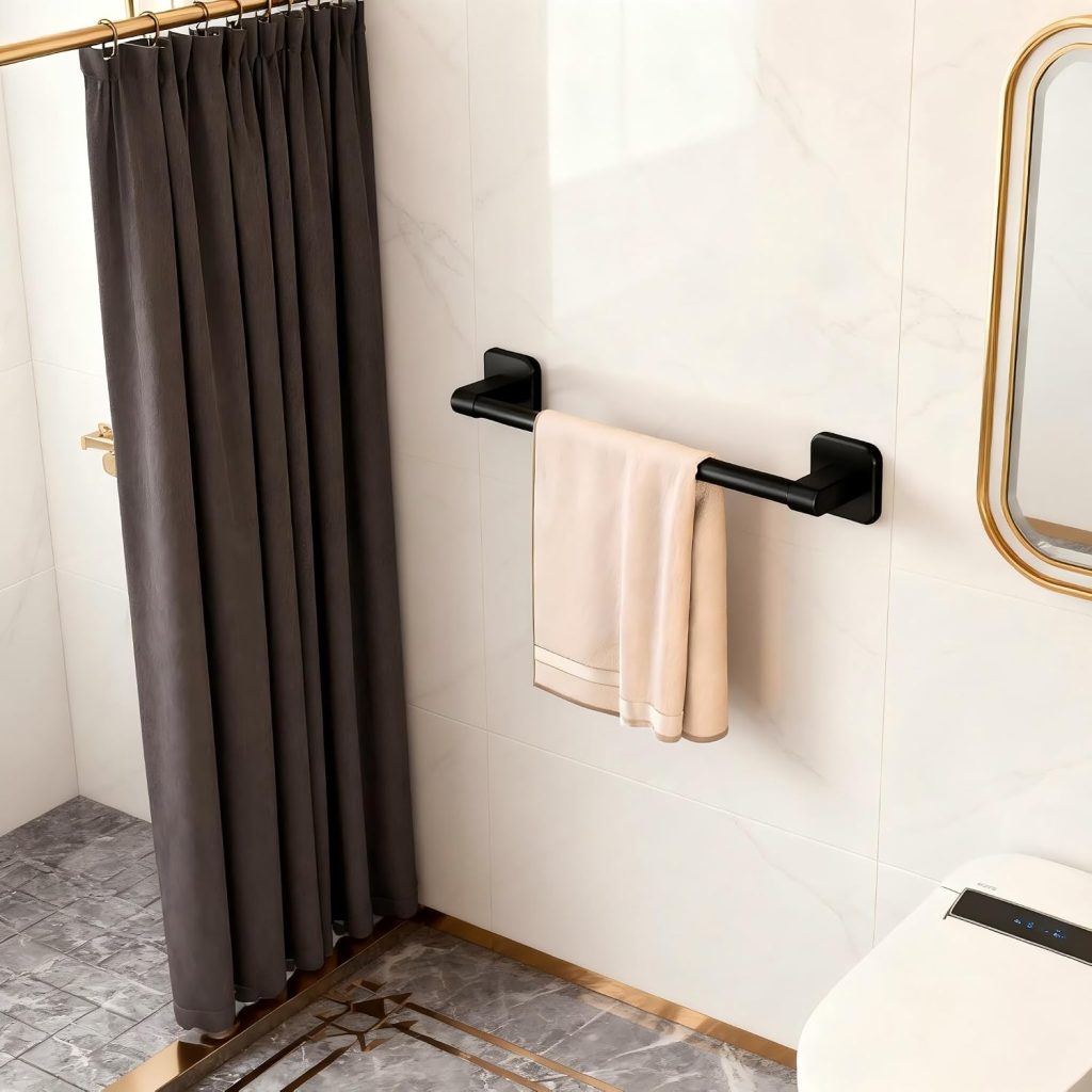Towel Rail 40 cm No Drill Wall Mounted Towel juice for Bathroom Kitchen Toilet, Rust-Protected Black Sticky Towel Rack