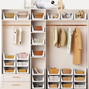 5 Pack Stackable Plastic Storage Basket, Foldable Closet Organizers and Storage Bins, Drawer Shelf Storage Container with Slide Rails for Wardrobe Kitchen Laundry Bathroom Office Dorm, White - Image 2