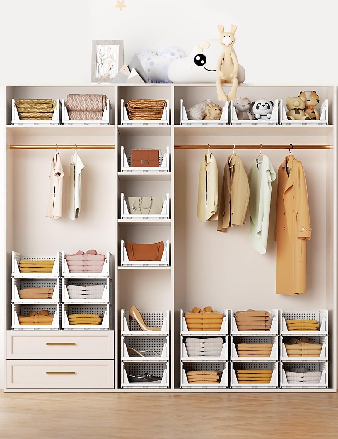 5 Pack Stackable Plastic Storage Basket, Foldable Closet Organizers and Storage Bins, Drawer Shelf Storage Container with Slide Rails for Wardrobe Kitchen Laundry Bathroom Office Dorm, White - Image 2