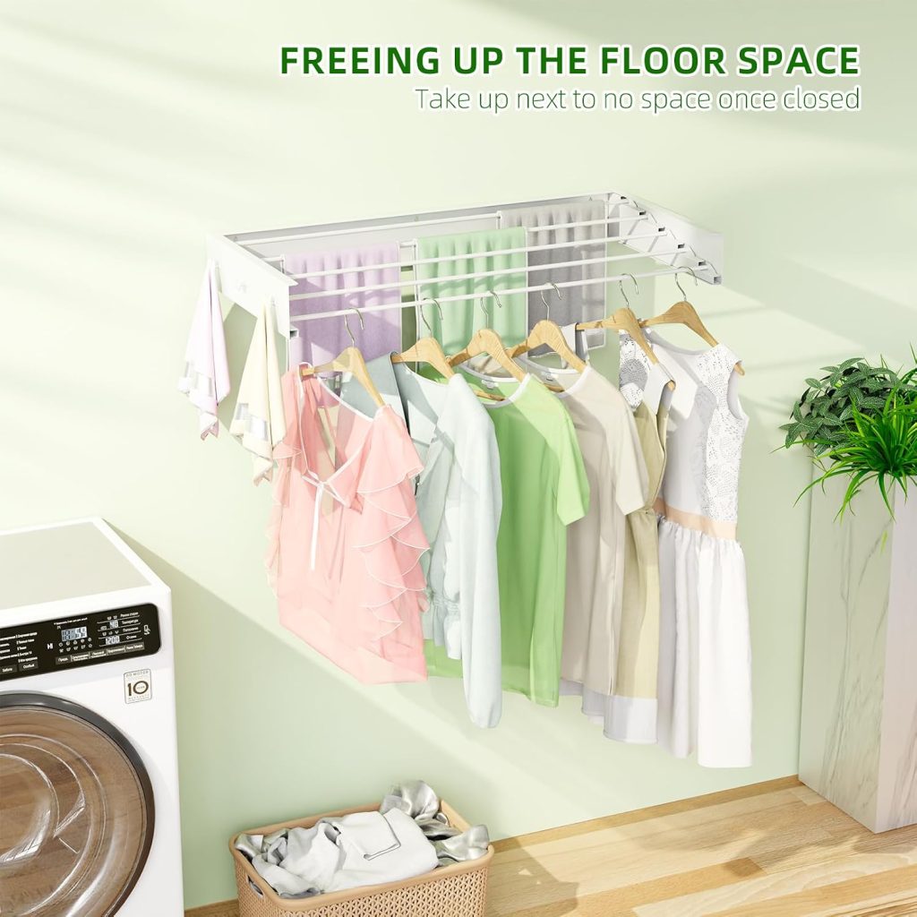 White Wall-Mounted Hidden Clothes Drying Rack, 32 in