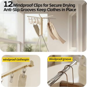 Three-Level Portable Tripod Clothes Drying Rack with Clips - Image 5