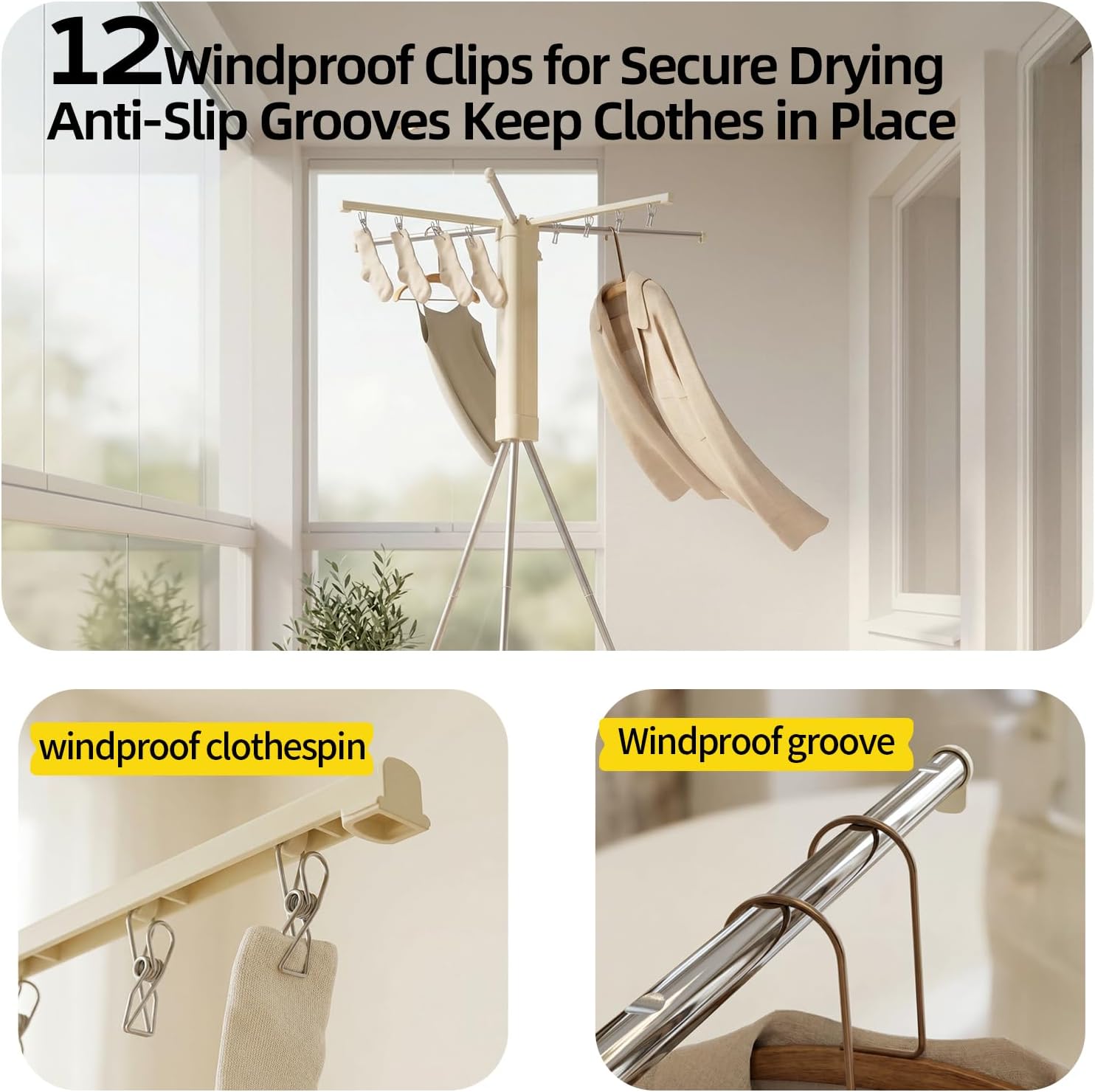Three-Level Portable Tripod Clothes Drying Rack with Clips - Image 5