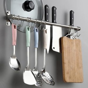 Rack Stainless Steel Rail Hanger Rod Wall Mounted Pot Pan Lid Holder Cookware Storage Organizer with Sliding Hooks for Kitchen Bathroom - Image 2