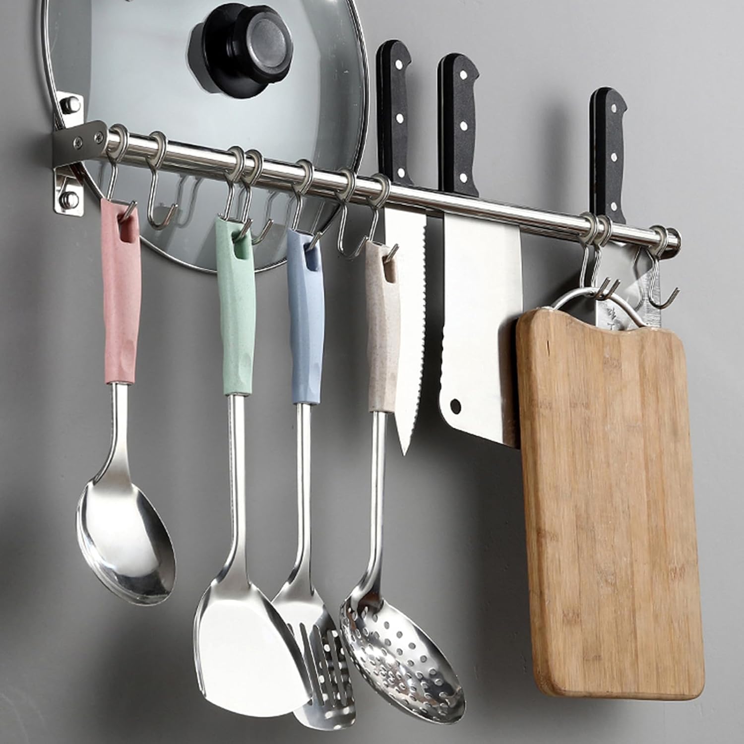 Rack Stainless Steel Rail Hanger Rod Wall Mounted Pot Pan Lid Holder Cookware Storage Organizer with Sliding Hooks for Kitchen Bathroom - Image 2