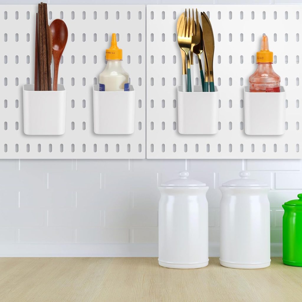 Pegboard Storage Cups with Hooks, Durable Plastic Hanging Organizer Bins for Garage, Kitchen, Office, Multipurpose Containers for Wall Tool Storage and Space-Saving Organization (White, 4 PCS)