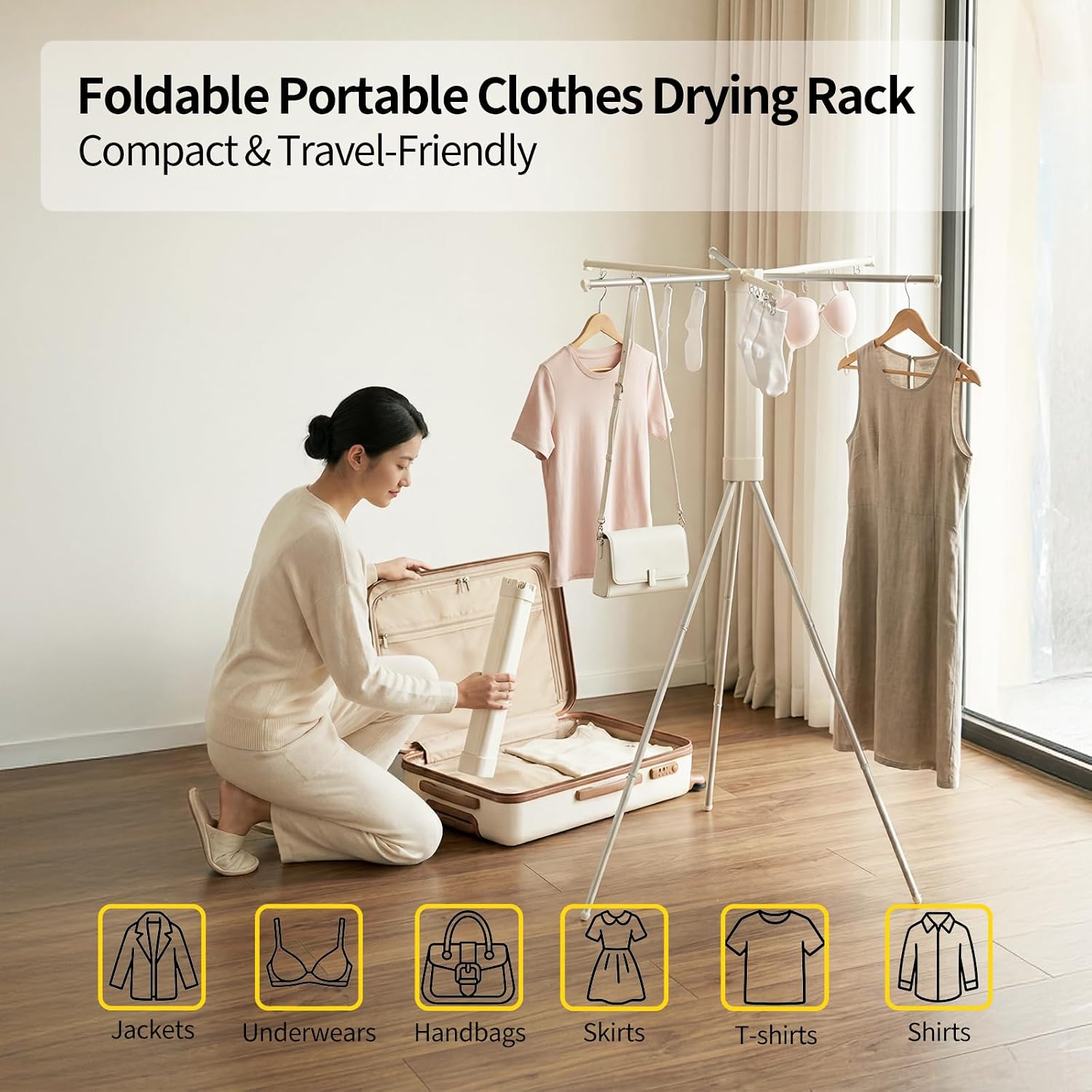 Three-Level Portable Tripod Clothes Drying Rack with Clips - Image 2