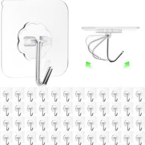 Adhesive Wall Hooks for Hanging, 16 Pack Self Sticky Hooks Heavy Duty 22lb Clear, Removable Shower Hook No Damage for Towel Key Coat Wreath Picture Outdoor Ceiling Bathroom Kitchen, Waterproof - Image 2