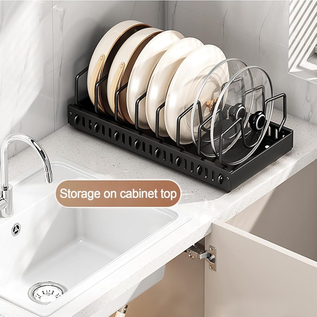 Pots and Pans Organizer, Sliding Pot Lid Holder and Pan Rack in Kitchen, Pull Out Pots and Pans Organizer for Cabinet, for Pot Lid, Bakeware, Dishes