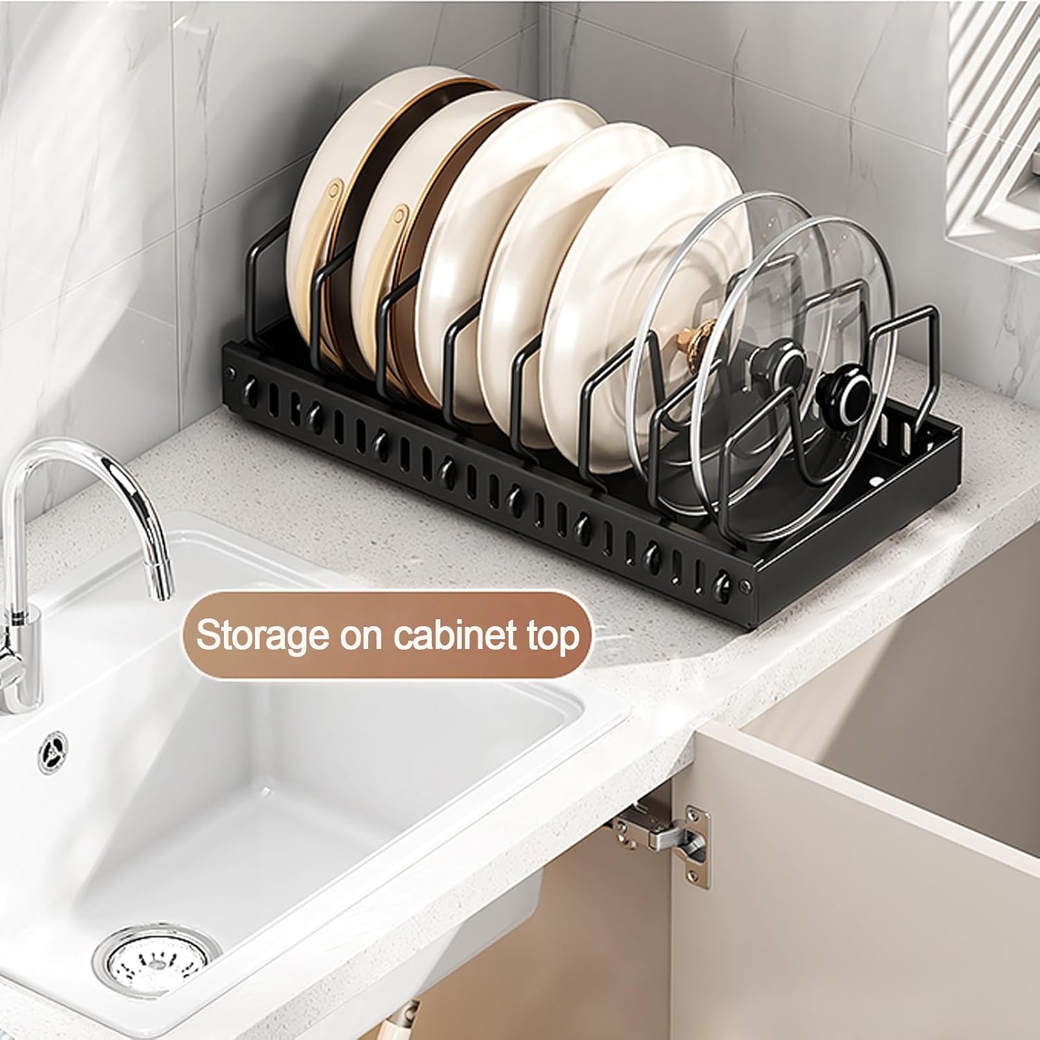 Pots and Pans Organizer, Sliding Pot Lid Holder and Pan Rack in Kitchen, Pull Out Pots and Pans Organizer for Cabinet, for Pot Lid, Bakeware, Dishes - Image 2