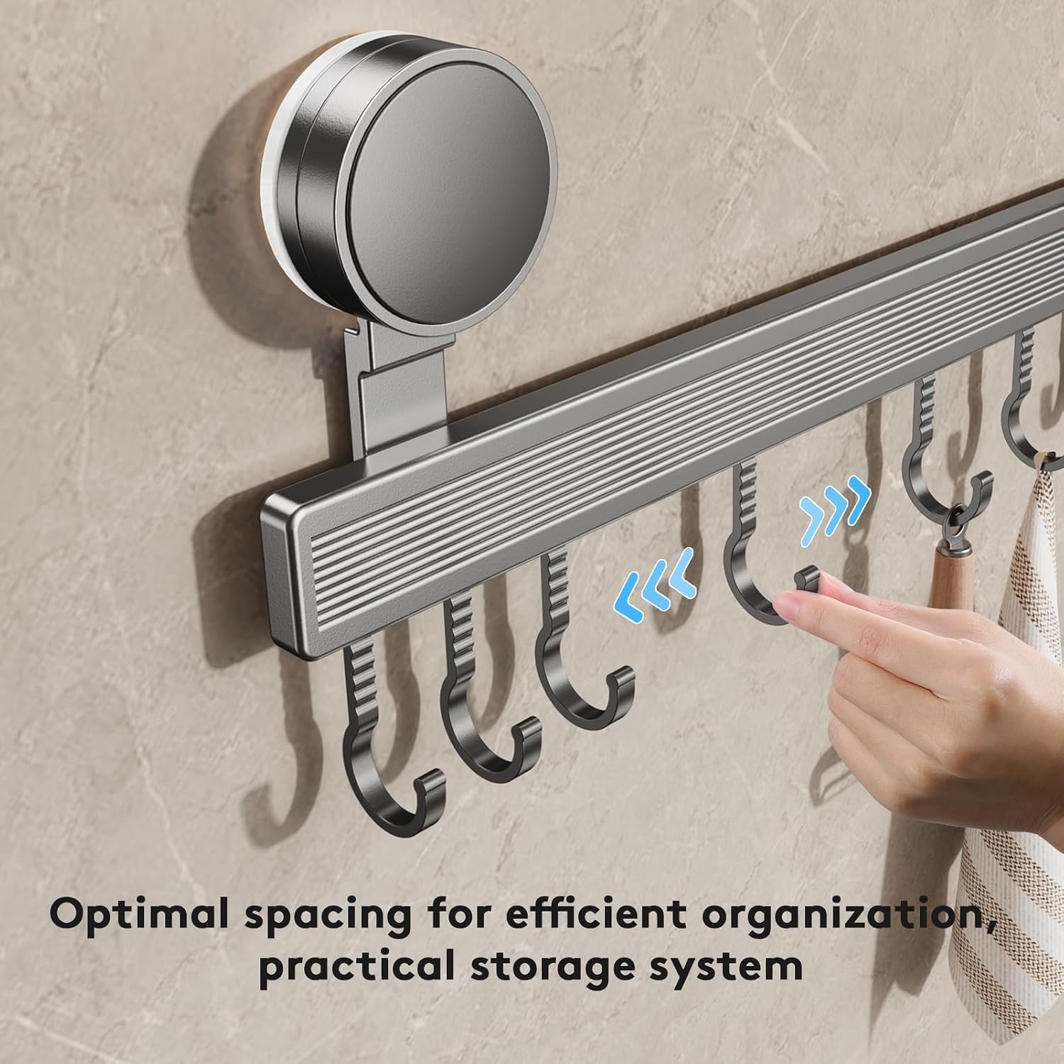Kitchen Hook Rack No Drilling with Suction Cup, 40 cm Stainless Steel Utensil Holder Hanger Wall Mount with 8 Adjustable Hooks, Space-Saving Removable Rustproof Rack Rail for Pots Kitchen Bathroom - Image 2