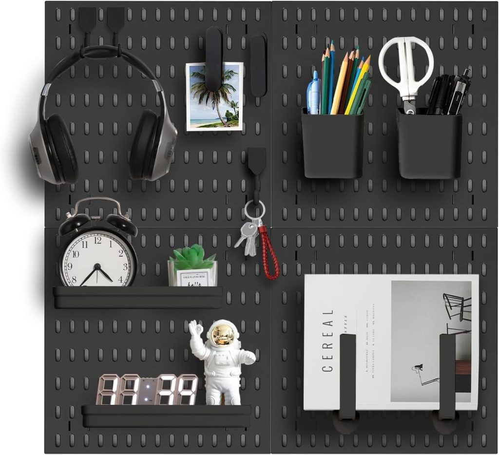 4Pcs Pegboard Wall Organizer (11"*16") for Wall, Garage Utility Tools Pegboard Storage System for Workbench, Shop, Shed Modular Peg Board Organizer Board Kit for Pegboard Hooks (Black)