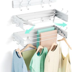 Wall-Mounted Foldable Clothes Drying Rack with Hooks - Image 1