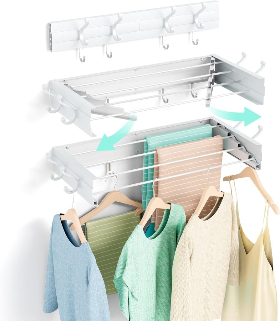 Wall-Mounted Foldable Clothes Drying Rack with Hooks