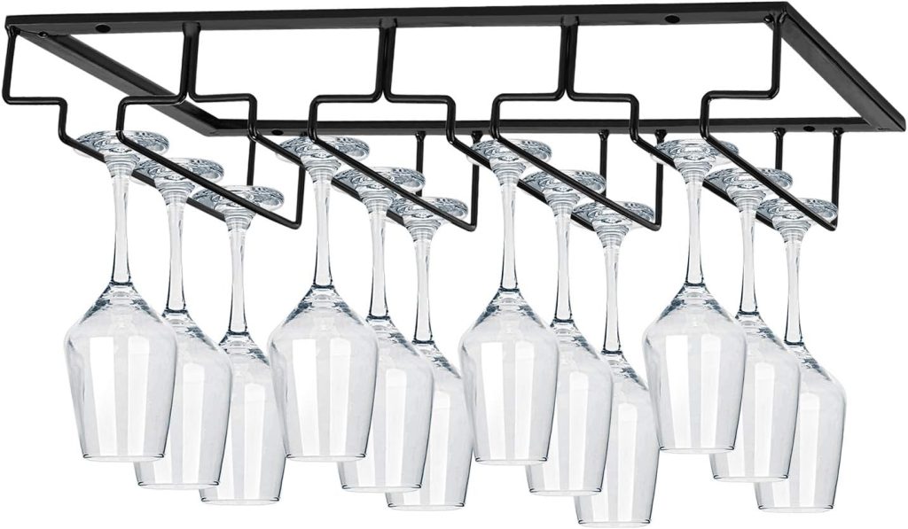 Wine Glasses Rack Under Cabinet Stemware Rack, Wine Glass Hanger Rack Wire Wine Glass Holder Storage Hanger for Cabinet Kitchen Bar (Black, 4 Rows 2 Pack)