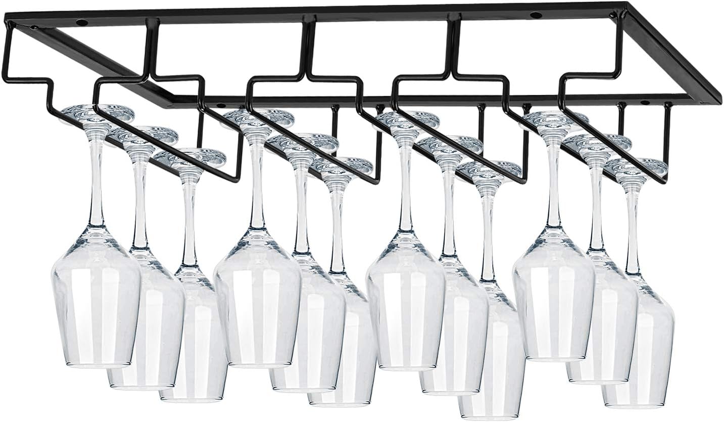 Wine Glasses Rack Under Cabinet Stemware Rack, Wine Glass Hanger Rack Wire Wine Glass Holder Storage Hanger for Cabinet Kitchen Bar (Black, 4 Rows 2 Pack) - Image 2