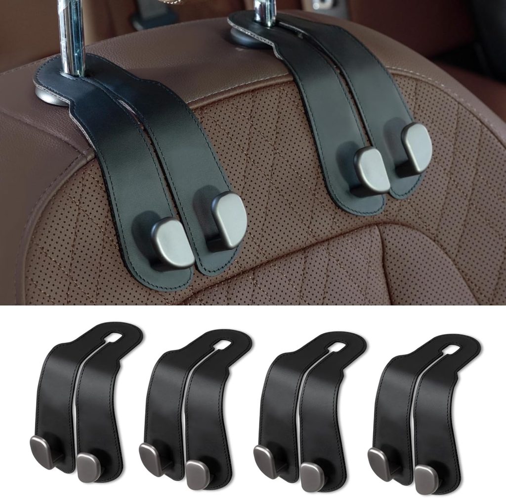 Purse Hook for Car - Universal Premium Stitched Leather and Aluminum-Magnesium Alloy Double Car Seat Back Storage Hook for Purses, Handbags, Bags (2 Pack),Black