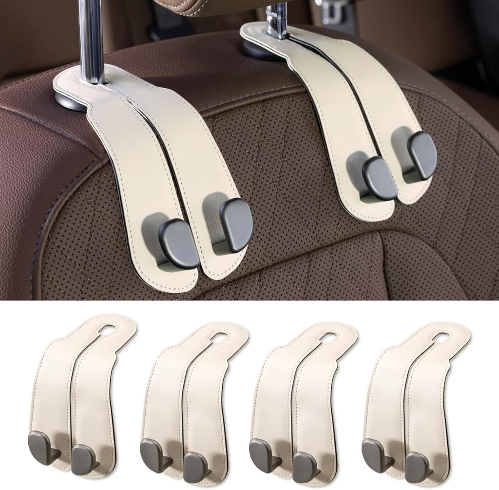 Purse Hook for Car - Universal Premium Stitched Leather and Aluminum-Magnesium Alloy Double Car Seat Back Storage Hook for Purses, Handbags, Bags (2 Pack),Black